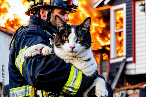 Firefighter with a cat on the background of a burning house.