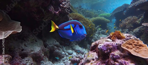 A blue and yellow Blue Tang fish is actively feeding on algae from rocks and coral reef in its natural habitat. The vibrant colors of the fish stand out against the colorful coral backdrop.