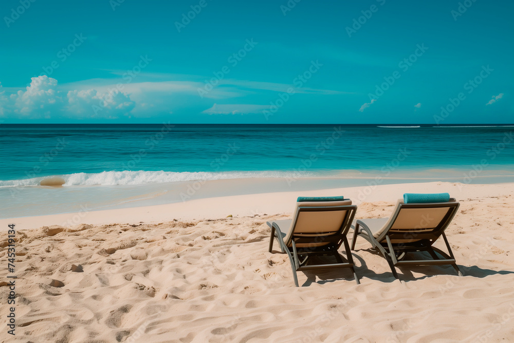 two lounge chairs on a sandy beach with blue sky