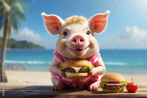 cute smiling pig with a hamburger on the beach. illustration. holiday and vacation concept © Olena