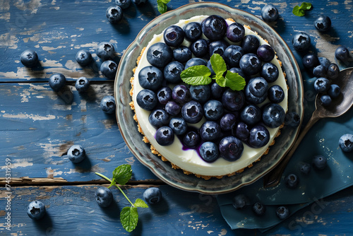 Sweet creamy blueberry cheesecake with fresh blueberries on a blue wooden background, top view