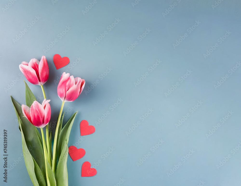 tulips on a blue background, paper hearts, isolated, space for text copy
