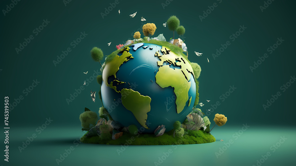 Illustration of earth surrounded by green leaves on soft blue background