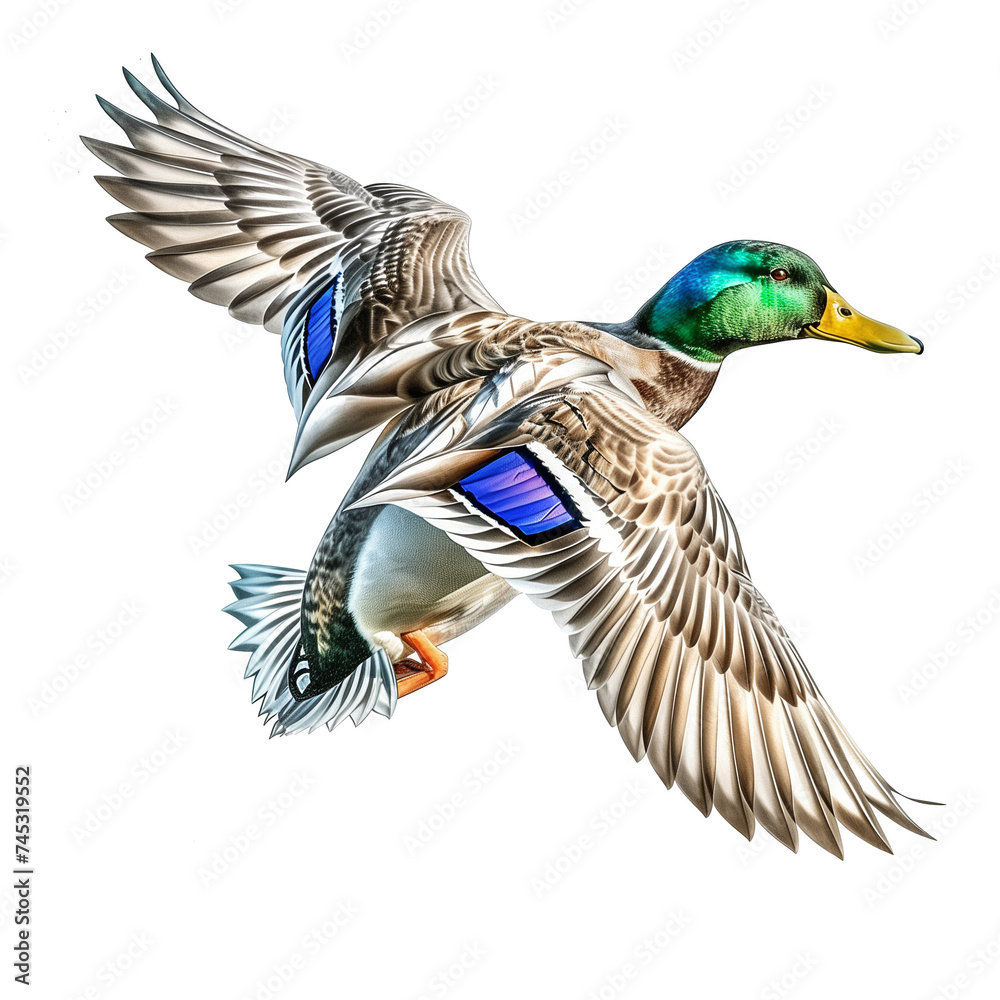 Obraz premium a Drake Mallard duck flying side view, PNG, in a waterfowl-themed, isolated, and transparent photorealistic illustration. Generative ai