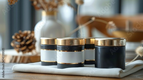 black and white jars with gold label