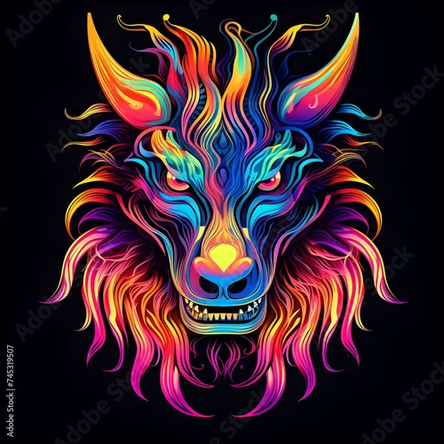 Vibrant neon-colored dragon head on a black background, showcasing a creative and artistic design
