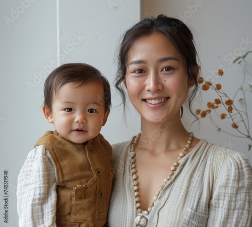 baby boy and mother in front of white wall