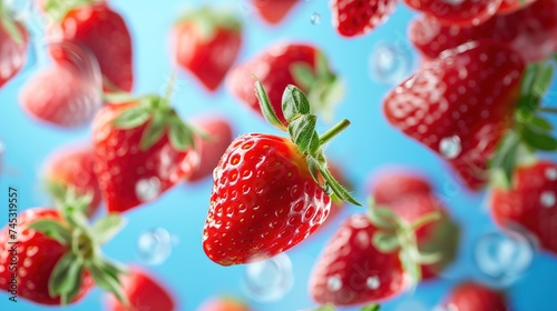 Ripe strawberries, a type of seedless fruit, dropping into liquid on a blue background. The vibrant red berries are a natural food and superfood photo