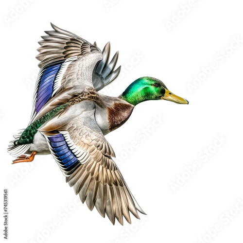 a Drake Mallard duck flying side view, PNG, in a waterfowl-themed, isolated, and transparent photorealistic illustration. Generative ai