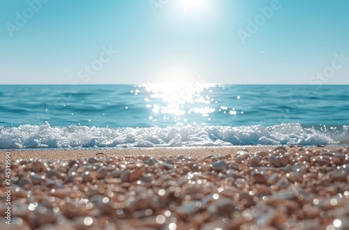 beach landscape with sea waves over blue sky and sun with sunny sky and sun rays