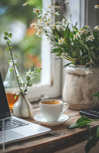 coffee cup and laptop sitting on a desk