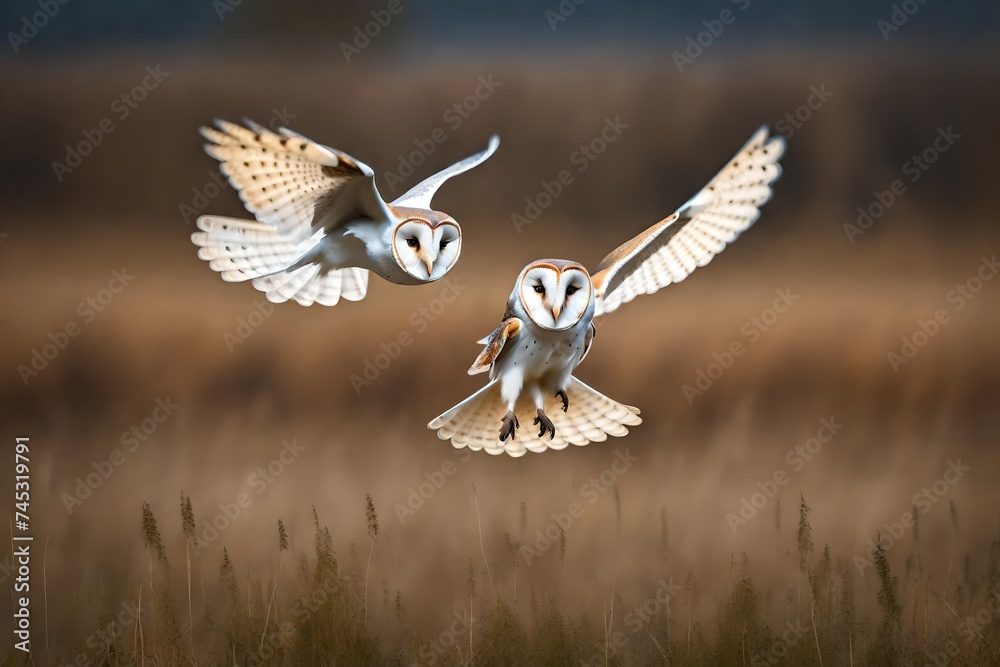 Obraz premium Hunting Barn Owl in flight. Wildlife scene from wild forest. Flying bird tito alba