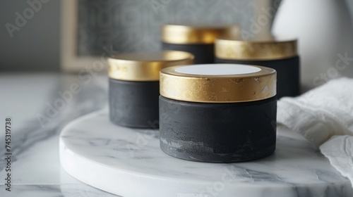 black and white jars with gold label