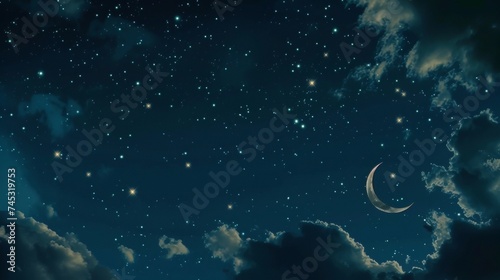 Dreamy Anime Sky with Crescent Moon and Twinkling Stars