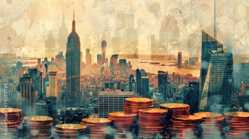 Cityscape, financial graph, rows of coins, and empty space combined in a doub...