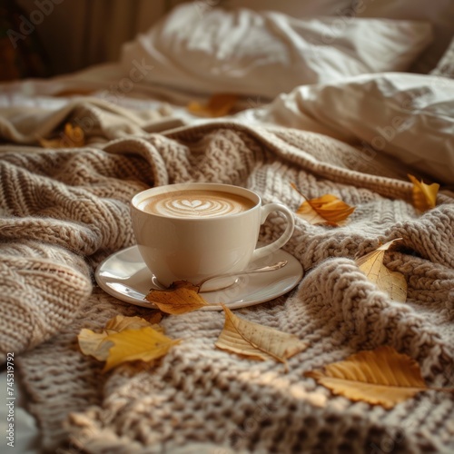 autumn leaves, cup of coffee and knitted scarf on bed