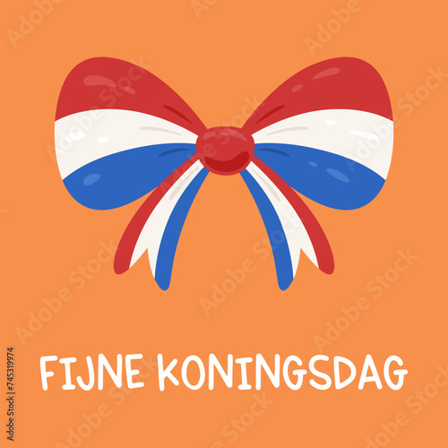 Koningsdag (King's Day) celebration in the Netherlands. Banner template with bow in Dutch flag colors on orange background. Vector illustration.