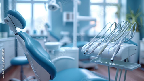 Dentist chair in a dental clinic with dentist medical tools. Modern dental clinic with blue medical light.