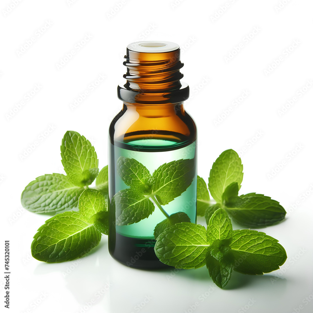 glass bottle of mint essential oil on white background glass bottle of mint essential oil on white background