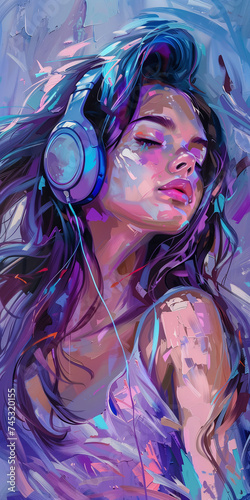 Girl Listening Music with Headphones Colorful Concept Drawing Art image HD Print 4608x9216 pixels ar1:2. Neo Modern Art V5 21 photo