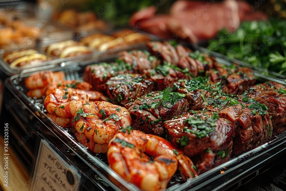 A mouth-watering display of grilled meats and shrimps garnished with herbs, ready to be enjoyed