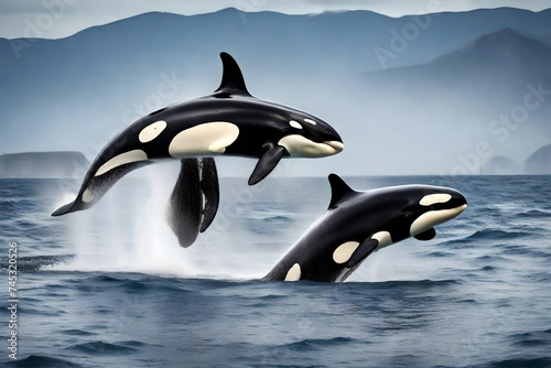 KILLER WHALE orcinus orca  PAIR LEAPIN A pair of leaping orcas  commonly known as killer whales.