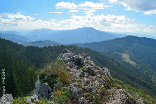 View of mountains and pine forest from edge of rocks. Pietrele Doamnei Romania