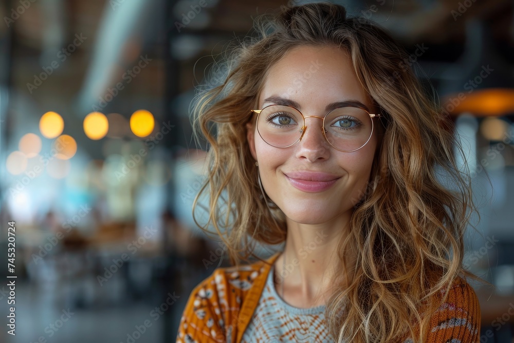 Relaxed young woman with curly hair and glasses smiling at the camera in a cozy café setting Relaxed young woman with curly hair and glasses smiling at the camera in a cozy café setting