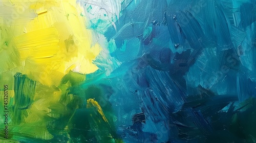 Vibrant abstract art: stunning yellow paint swipe amidst blue and green   © touseef