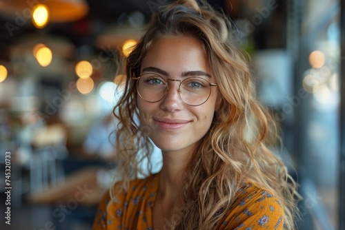 Close woman's portrait with delightful smile and glasses, in a vibrant cafe environment