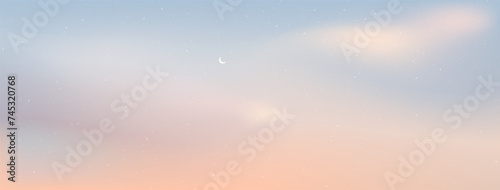 Little moon in the vanilla sky with clouds. The candy-colored sky looked warm and romantic. Gradient background. Vector illustration.
