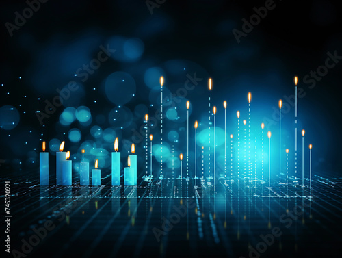 A business candlestick banner graph chart of stock market investment trading on blue digital background, bullish point ,upward trend, financial analytics concept of monochrome graph diagram like sky 