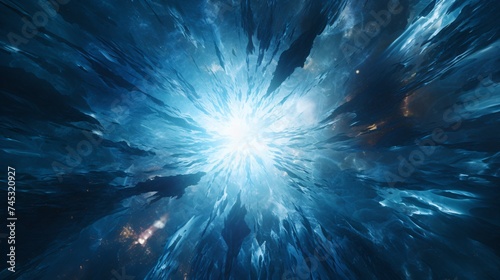 Abstract ice crystals form amidst the explosion. Cold design merges with the frozen blast.