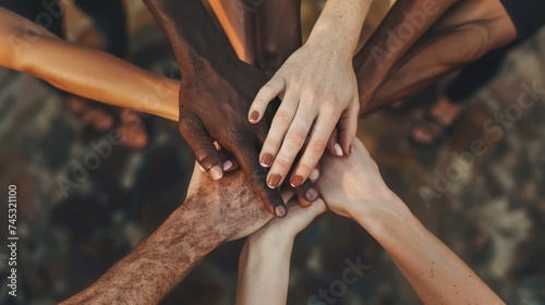 Diverse team building: multicultural members join hands in unity, emphasizing workplace collaboration and inclusivity