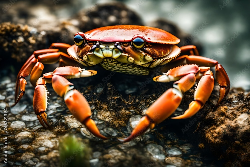 crab on wildlife A red crab or fiddler crab hiding among rocks or coral reefs
