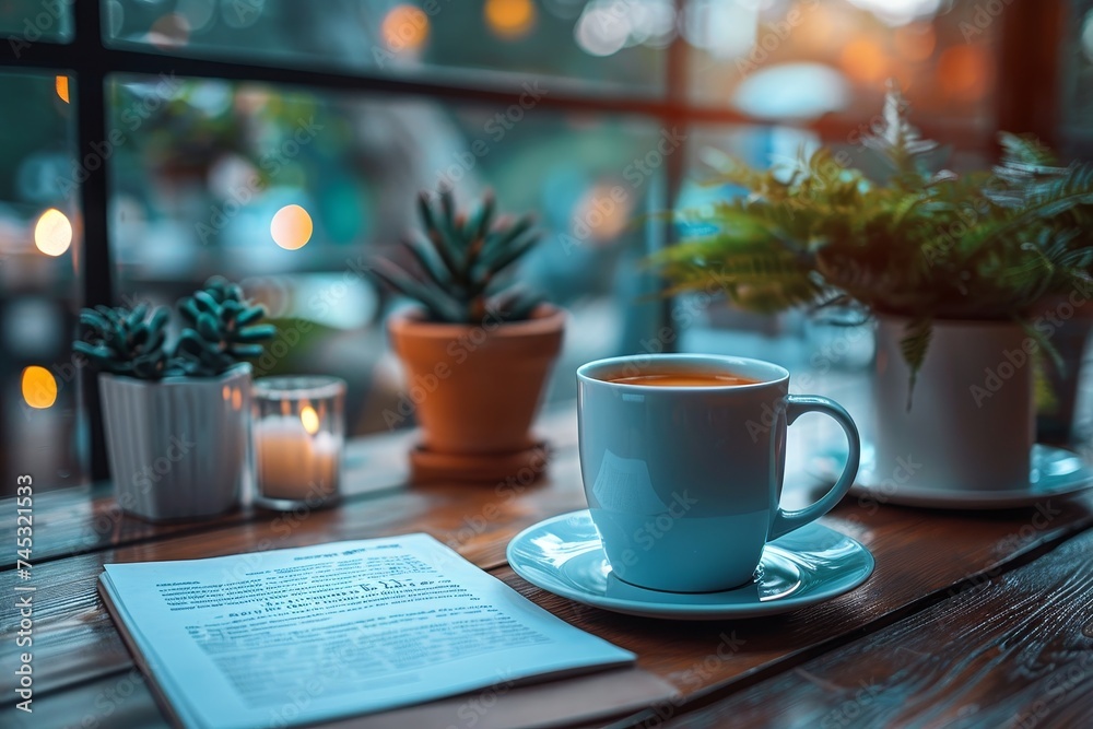 A warm and inviting café ambiance with a hot cup of tea, book, and plants in the background A warm and inviting café ambiance with a hot cup of tea, book, and plants in the background