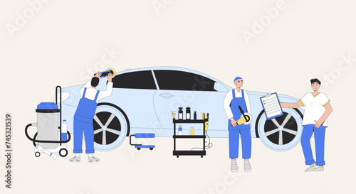 Detailing auto process. Polish car concept. Garage service team. Repair body. Remove scratch on vehicle. Workers with manager planing restoration exterior. Vector illustration photo
