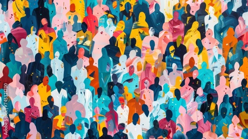Vibrant diversity: abstract art seamless pattern of colorful people crowd. Illustration celebrating multi-ethnic community and cultural diversity in modern collage painting