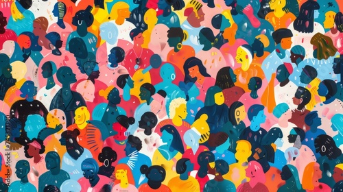Vibrant diversity: abstract art seamless pattern of colorful people crowd. Illustration celebrating multi-ethnic community and cultural diversity in modern collage painting