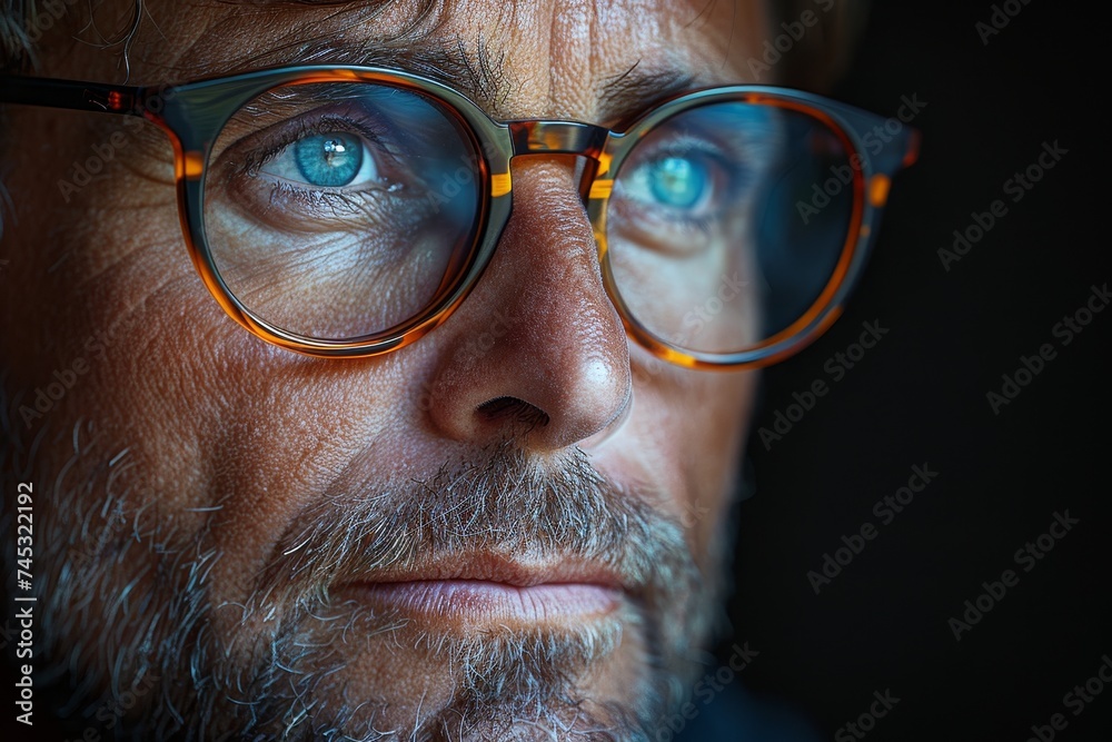 Detailed portrait of a bearded man with striking blue eyes wearing eyeglasses
