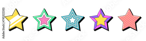 Isolated retro star icon set, vector stickers. Superstar and celebrity, popularity, famous legend, award. Outline 3d stars with pattern. Retro design elements and signs for party and pop culture