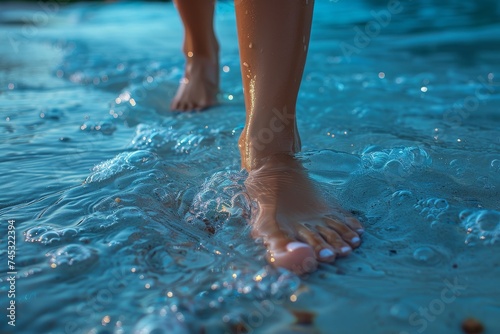 Pristine detail of feet stepping in clear sea water, symbolizing adventure and exploration in aquatic environments