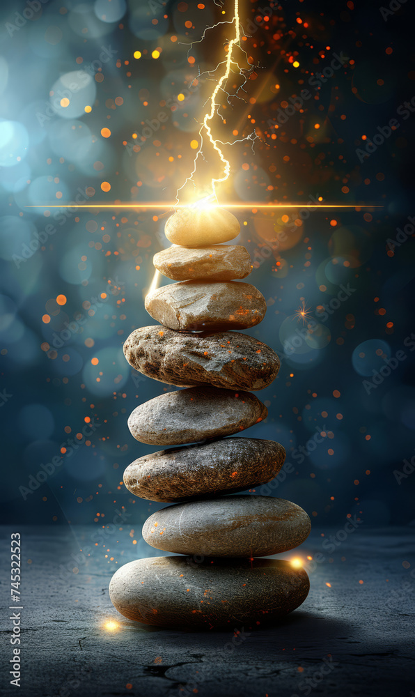 Obraz premium Zen stones stacked on blue background being hit with lightning bolts.