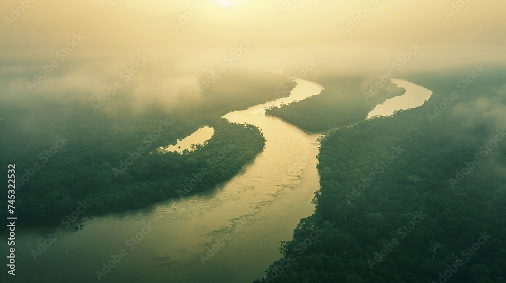 Amazon rainforest aerial view with big river, nature landscape displaying the rich biodiversity and scenic beauty of this lush tropical environment