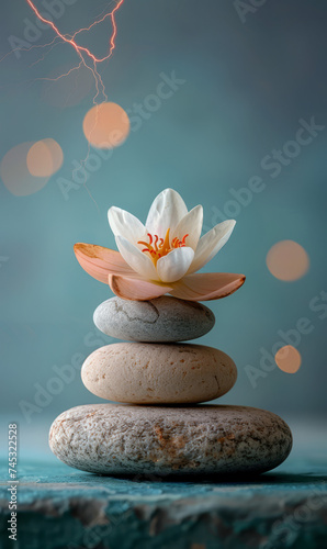 Stack of zen stones with a lotus flower on the top.