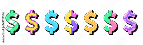 Isolated retro dollar icon set, vector stickers. Money, currency symbol, cash sign, finance, banking business, investment. Outline 3d dollars with pattern. Retro design elements for pop culture