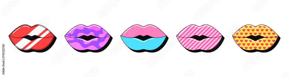 Isolated retro lips icon set, vector stickers. Juicy lips, love and passion, female beauty, fashion makeup, glamour lipstick. 3d lips with pattern. Retro design elements for party and pop culture