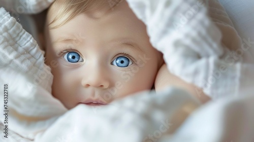 newborn baby with blue eyes resting on bed at home, closeup of adorable infant sleeping peacefully in comfortable surroundings