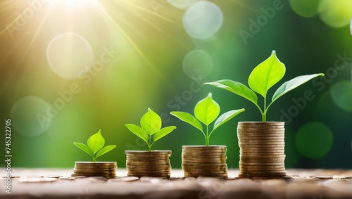 Investment concept, Coins stack with green plant growing on them, stock image