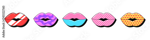 Isolated retro lips icon set, vector stickers. Juicy lips, love and passion, female beauty, fashion makeup, glamour lipstick. 3d lips with pattern. Retro design elements for party and pop culture